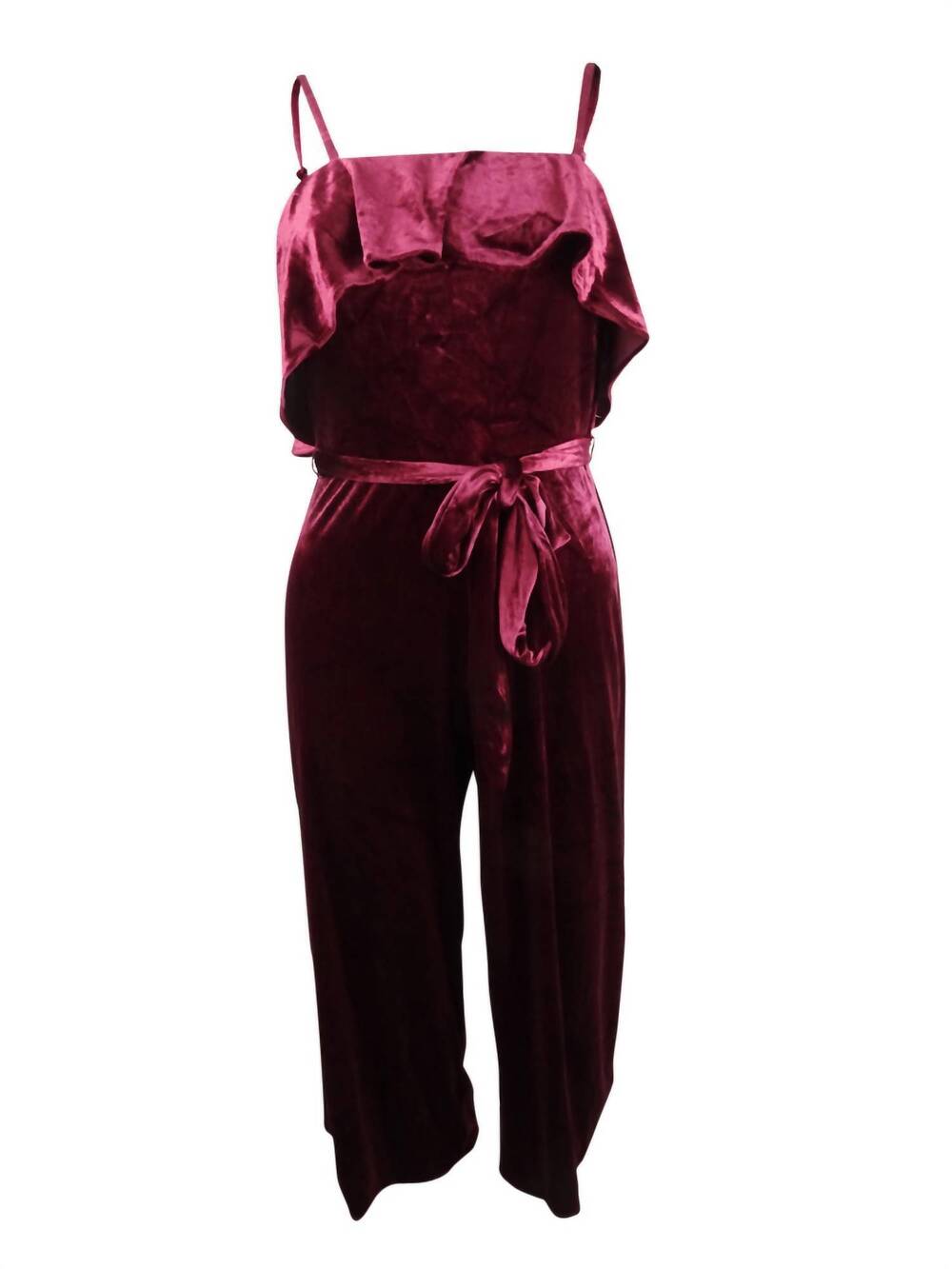 NEW AVEC LES FILLES women's velvet ruffled jumpsuit in wine